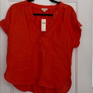 Pilcro Vibrant Orange Linen Split V-Neck Short Sleeve Top